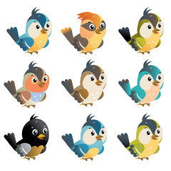 Color images of cartoon bird on white background. Vector illustration set for kids.