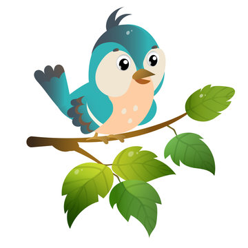 Color image of cartoon bird on branch on white background. Vector illustration for kids.
