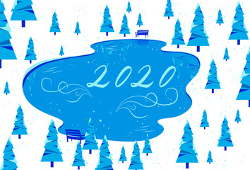 Winter lake in the forest among fir trees with the inscription 2020