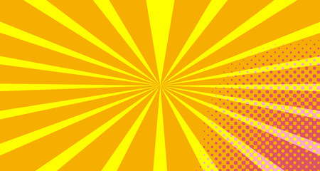 Vintage colorful comic book background. Orange Pink blank bubbles of different shapes. Rays, radial, halftone, dotted effects. For sale banner empty Place for text 1960s. Copy space vector eps10.