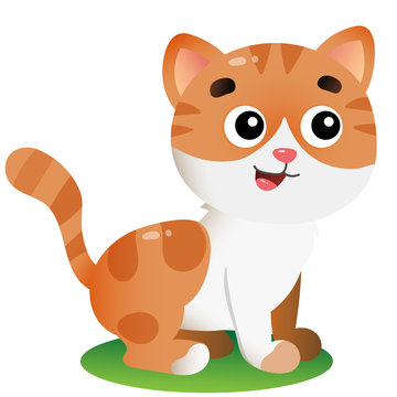Color image of cartoon striped cat on white background. Pets. Vector illustration for kids.