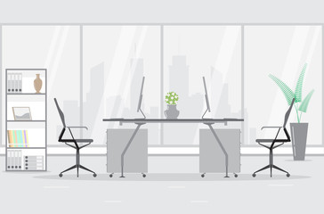 Modern office interior with window, furniture and plant on the floor. Vector illustration.