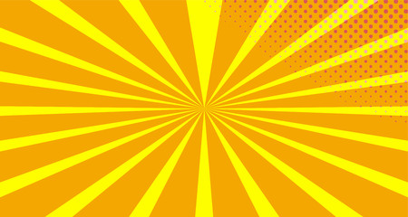 Vintage colorful comic book background. Orange Pink blank bubbles of different shapes. Rays, radial, halftone, dotted effects. For sale banner empty Place for text 1960s. Copy space vector eps10.