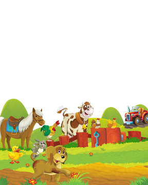 cartoon scene with dog having fun on the farm on white background - illustration for children