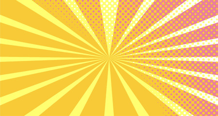 Fototapeta premium Vintage colorful comic book background. Orange Pink blank bubbles of different shapes. Rays, radial, halftone, dotted effects. For sale banner empty Place for text 1960s. Copy space vector eps10.