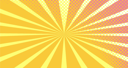 Vintage colorful comic book background. Orange Pink blank bubbles of different shapes. Rays, radial, halftone, dotted effects. For sale banner empty Place for text 1960s. Copy space vector eps10.