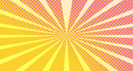 Fototapeta premium Vintage colorful comic book background. Orange Pink blank bubbles of different shapes. Rays, radial, halftone, dotted effects. For sale banner empty Place for text 1960s. Copy space vector eps10.