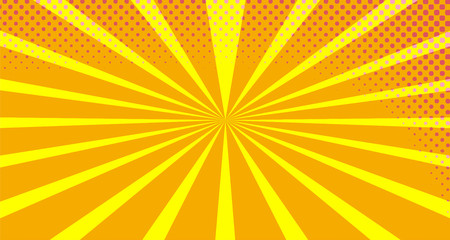 Vintage colorful comic book background. Orange Pink blank bubbles of different shapes. Rays, radial, halftone, dotted effects. For sale banner empty Place for text 1960s. Copy space vector eps10.