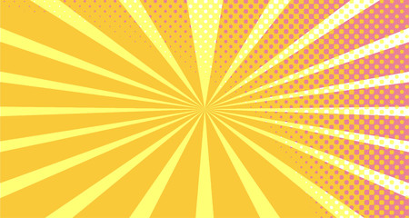 Vintage colorful comic book background. Orange Pink blank bubbles of different shapes. Rays, radial, halftone, dotted effects. For sale banner empty Place for text 1960s. Copy space vector eps10.