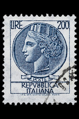 Italy circa 1966. Postage stamp, image Coin from Syracuse