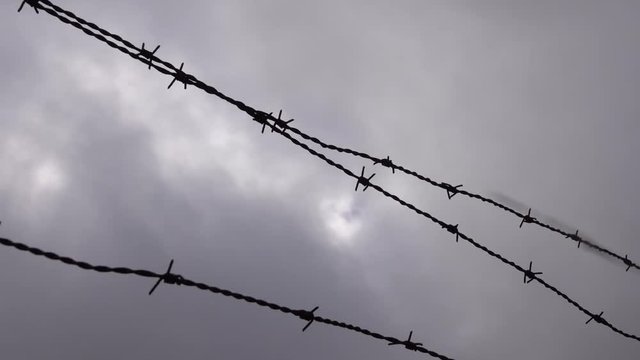 Barbed wire fence against a dramatic gray sky without sun. The concept of restriction of freedom , human rights violations.