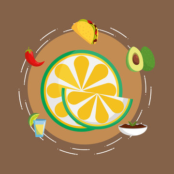slice lemon taco chili pepper avicado mexican food, traditional celebration design