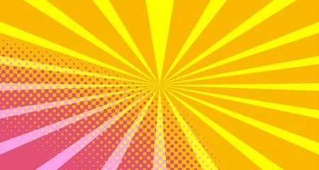 Vintage colorful comic book background. Orange Pink blank bubbles of different shapes. Rays, radial, halftone, dotted effects. For sale banner empty Place for text 1960s. Copy space vector eps10.