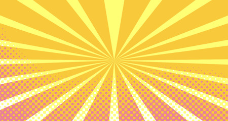 Fototapeta premium Vintage colorful comic book background. Orange Pink blank bubbles of different shapes. Rays, radial, halftone, dotted effects. For sale banner empty Place for text 1960s. Copy space vector eps10.