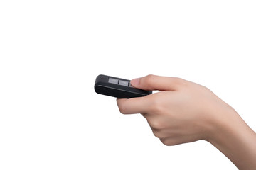 Close up hand holding smart key isolated on white. Immobilizer car key with clipping path on white...