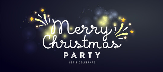 Fototapeta na wymiar Merry Christmas party banner with text, glitter, sparkles decor on a dark background.