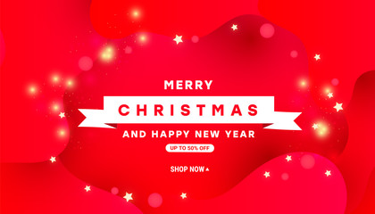 Fototapeta na wymiar Horizontal Christmas greeting card with liquid red shape and glitter decorative on red background