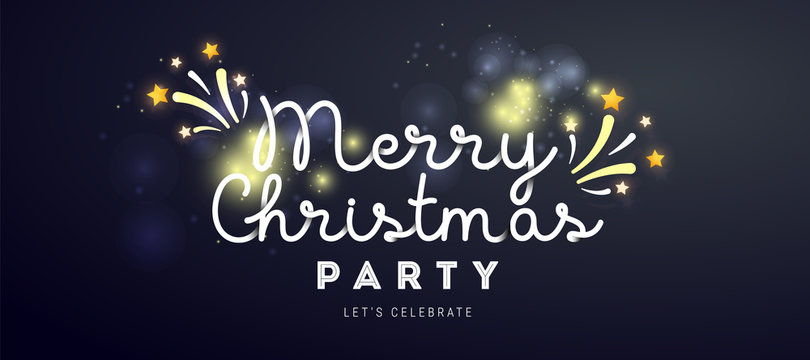 Merry Christmas party banner with text, glitter, sparkles decor on a dark background.