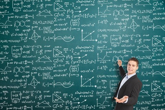 Man teacher with algebra background blackboard board business calculations