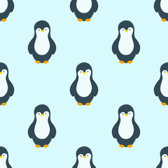 Vector pattern with penguins in winter season. Light blue background. Happy New Year. Winter and New Year print design.