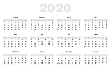 Calendar grid for 2020 in English