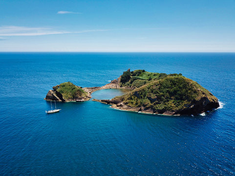 Azores aerial panoramic view of Princess Rind Islet of Vila Franca do Campo. Sao Miguel island, Azores, Portugal. 