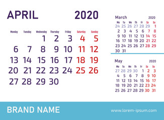 April 2020 Calendar Design. Vector template