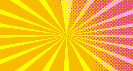 Vintage colorful comic book background. Orange Pink blank bubbles of different shapes. Rays, radial, halftone, dotted effects. For sale banner empty Place for text 1960s. Copy space vector eps10.