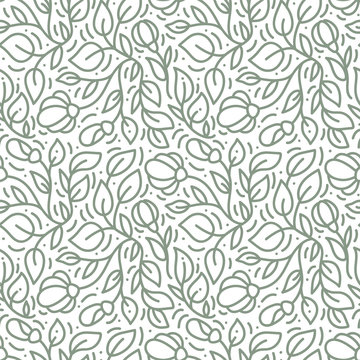 Vector seamless pattern and abstract background with green leaves for organic and healthy food packaging, natural eco cosmetics and vegan products