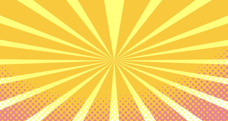 Fototapeta premium Vintage colorful comic book background. Orange Pink blank bubbles of different shapes. Rays, radial, halftone, dotted effects. For sale banner empty Place for text 1960s. Copy space vector eps10.