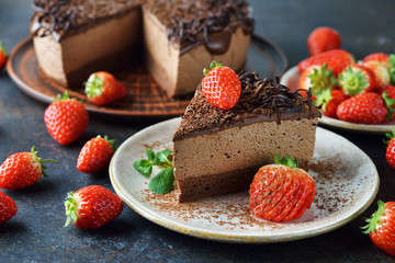 Chocolate cake decorated with strawberries