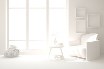 Mock up of stylish room in white color with armchair. Scandinavian interior design. 3D illustration