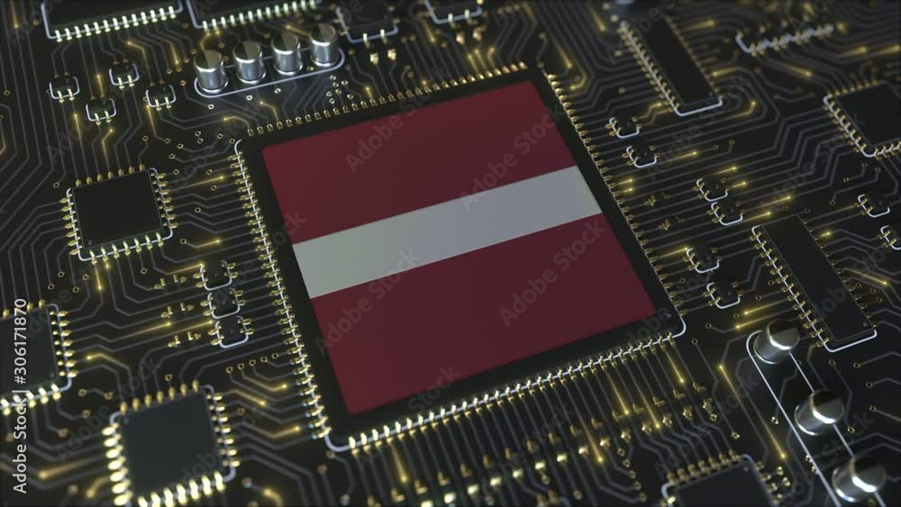 Poster national flag of latvia on the operating chipset. latvian information technology or hardware develop