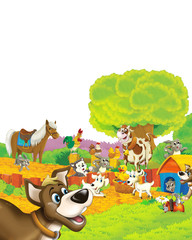 cartoon scene with dog having fun on the farm on white background - illustration for children