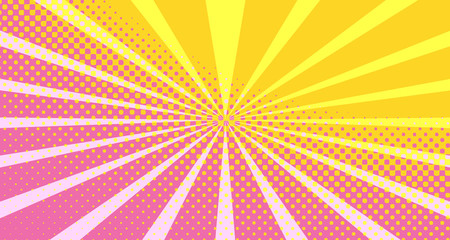 Vintage colorful comic book background. Orange Pink blank bubbles of different shapes. Rays, radial, halftone, dotted effects. For sale banner empty Place for text 1960s. Copy space vector eps10.