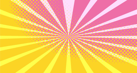 Fototapeta premium Vintage colorful comic book background. Orange Pink blank bubbles of different shapes. Rays, radial, halftone, dotted effects. For sale banner empty Place for text 1960s. Copy space vector eps10.