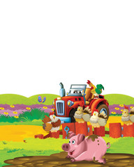 Obraz premium Cartoon farm scene with animal chicken bird having fun on white background with space for text - illustration for children
