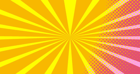 Vintage colorful comic book background. Orange Pink blank bubbles of different shapes. Rays, radial, halftone, dotted effects. For sale banner empty Place for text 1960s. Copy space vector eps10.