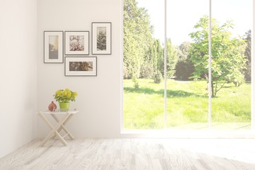 Stylish empty room in white color with table, frames on a wall and green landscape in window. Scandinavian interior design. 3D illustration