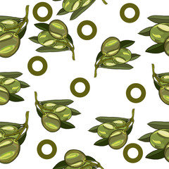Seamless pattern with green olives. For printing on fabric, paper.