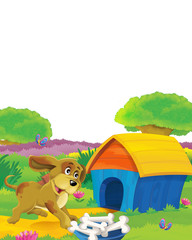 cartoon scene with dog having fun on the farm on white background - illustration for children