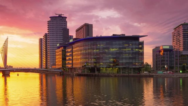 manchester  salford quays timelapse from sunset to night pan england uk
