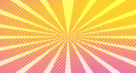 Vintage colorful comic book background. Orange Pink blank bubbles of different shapes. Rays, radial, halftone, dotted effects. For sale banner empty Place for text 1960s. Copy space vector eps10.