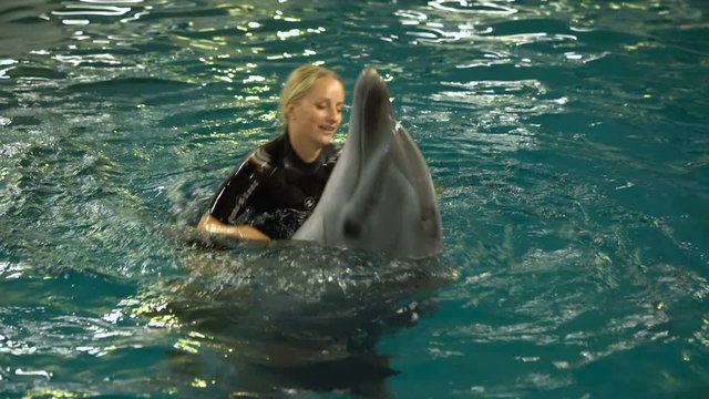 dolphin and young woman are spinning in dance
