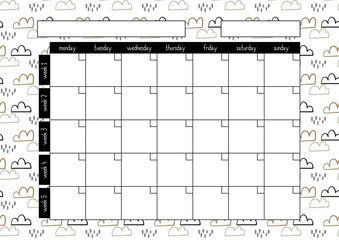 Monthly planner, A4 size format, printable page for diaries, organisers, notebooks and books. .