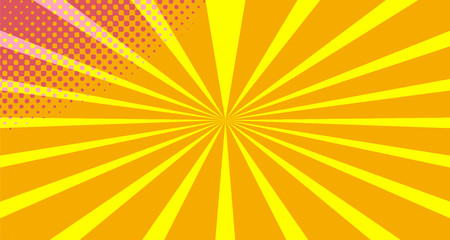 Vintage colorful comic book background. Orange Pink blank bubbles of different shapes. Rays, radial, halftone, dotted effects. For sale banner empty Place for text 1960s. Copy space vector eps10.