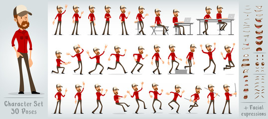 Cartoon flat cute funny bearded hipster boy character in trucker cap 30 different poses and face expressions. Isolated on white background. Big vector icon set.