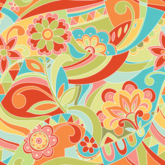 Happy hippy '70s retro pattern in bright colours, yellow orange lime green