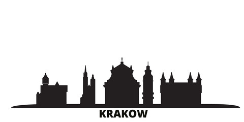 Poland, Krakow city skyline isolated vector illustration. Poland, Krakow travel cityscape with landmarks