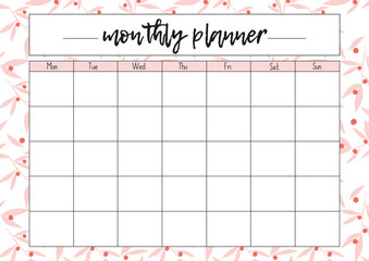 Monthly planner, A4 size format, printable page for diaries, organisers, notebooks and books. .